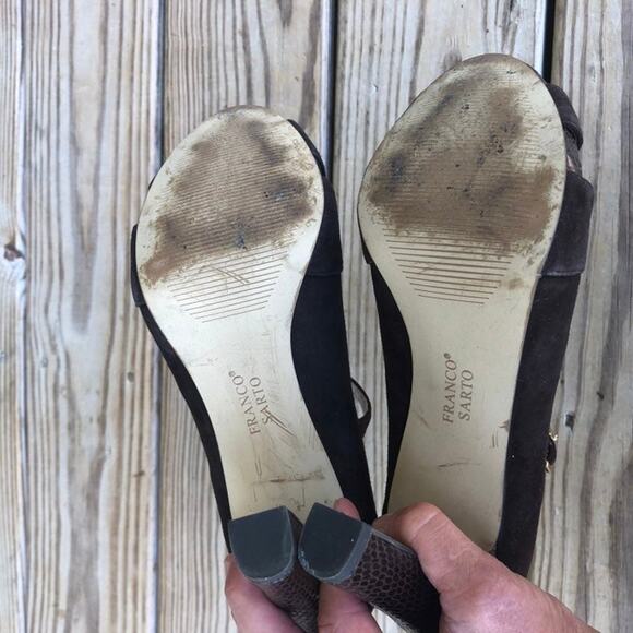 Franco Sarto Dark Brown Peep Toe Heels Valita Women 7M Shoes Suede Pump READ - Picture 10 of 11